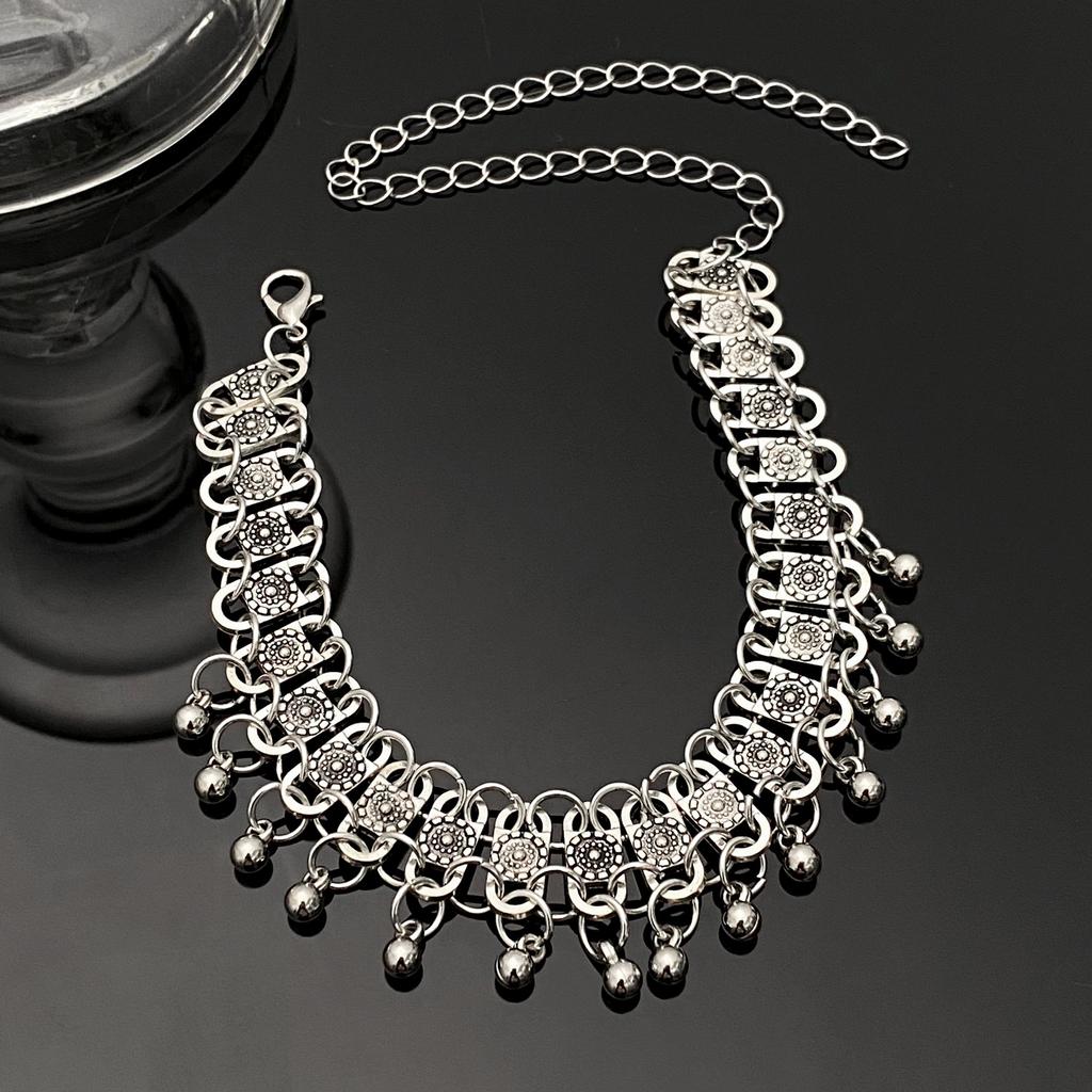 Vintage Silver Plated Bell Choker Necklace, Boho Floral Engraved Drop Choker for Women