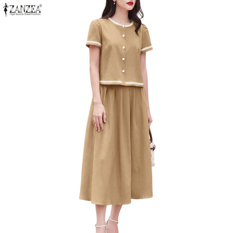 ZANZEA Bluză cu mânecă scurtă și fuste lungi pentru femei Seturi de costume casual din două piese
