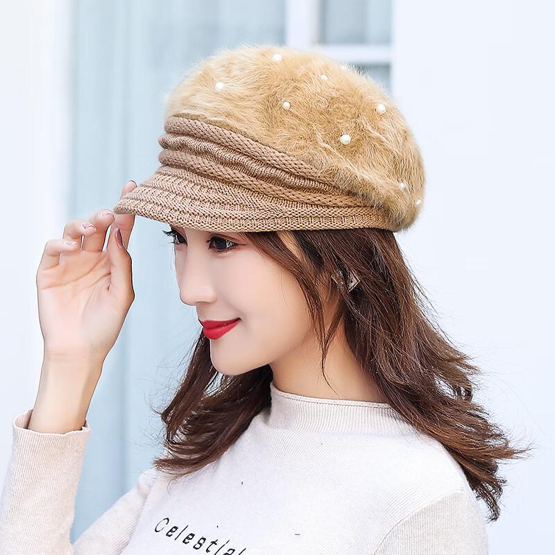 

ZHENYUEQI Women s Winter Rabbit Fur Beret with Pearl & Fleece Lining One Size