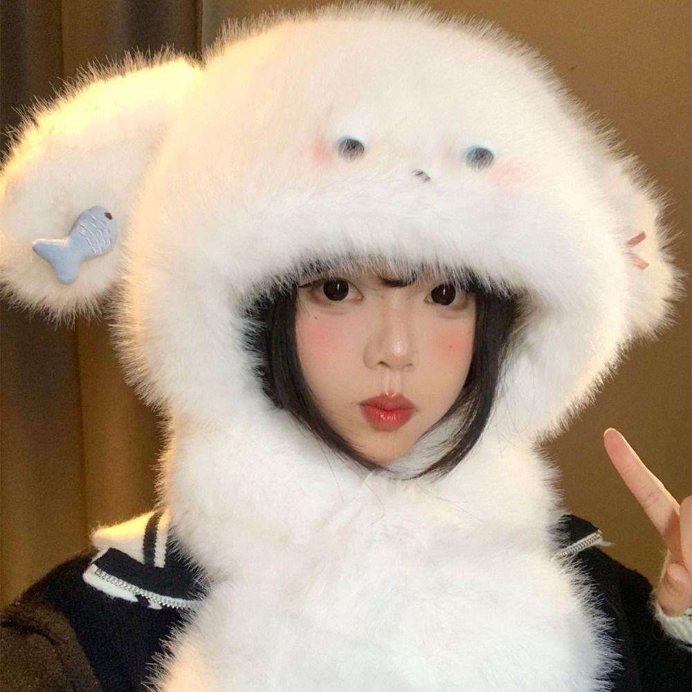 Korean Style Dog Hooded Scarf Cute Plush Pullover Hats Fashion Ear Protection Hat  Hiking