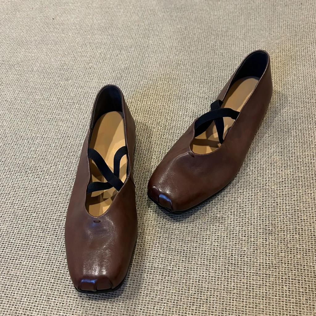 Sheepskin Version~ Square Head Cross Strap Ballet Shoes Retro Flat-soled Small Leather Shoes Versatile Light Mouth Mary Jane Single Shoes Women