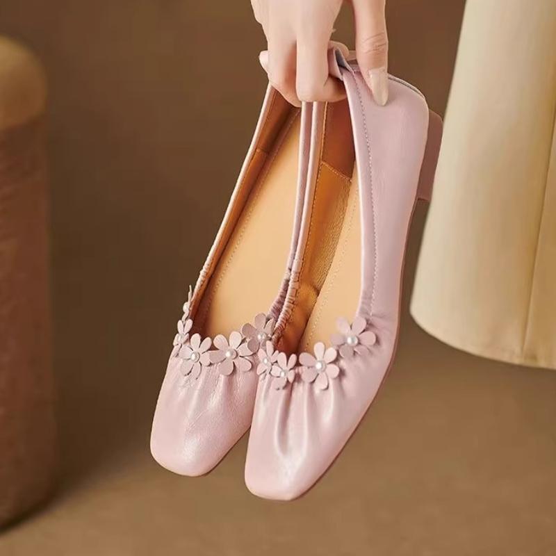 Elegant Flower String Bead Decorate Low Heel Pumps Women Fashion Square Toe Pleated Mary Jane Shoe Cozy Shallow Soft Sole Loafer
