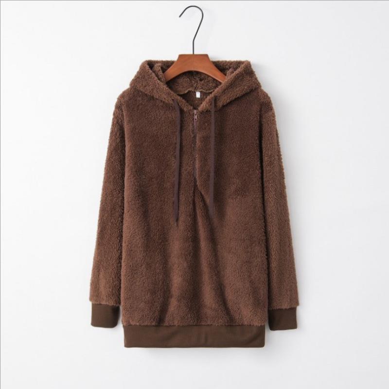 European and American Women's Plush Hooded Sweatshirt - Long-Sleeved, Loose Fit, Fleece Pullover for Autumn and Winter