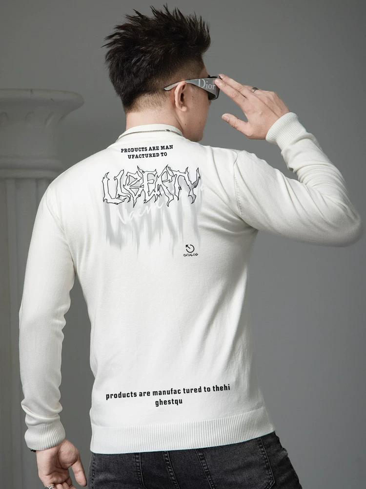 Ozhouzhan Long Sleeve Sweater Men's 2025 New Half-high Collar Sweater Autumn Trendy Print Knitted Bottoming Shirt