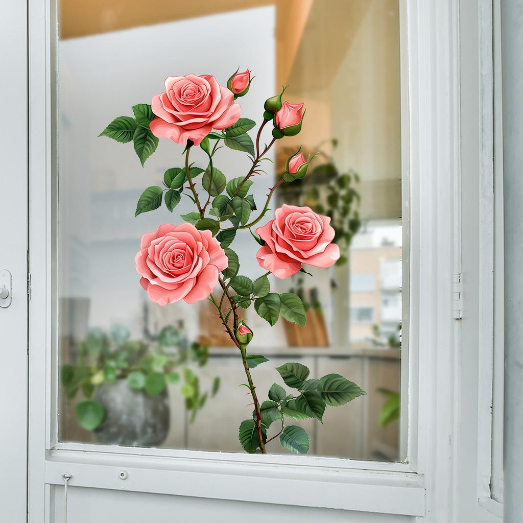 Romantic Pink Rose Window Stickers, Self-adhesive Waterproof Glass Stickers, Home Decoration Wall Stickers