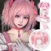 Kaname Madoka Cosplay Wig - Pink Short Straight Hair with Pigtails and Headgear