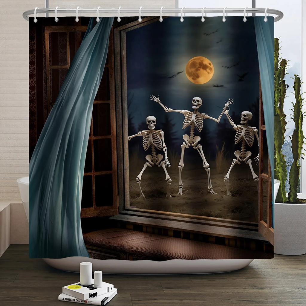 Halloween Duschvorhang Horror Mondnacht Kürbis Schädel Skelett Gruseliges Schloss Hexe Geist Friedhof Wasserdicht Badezimmervorhänge
