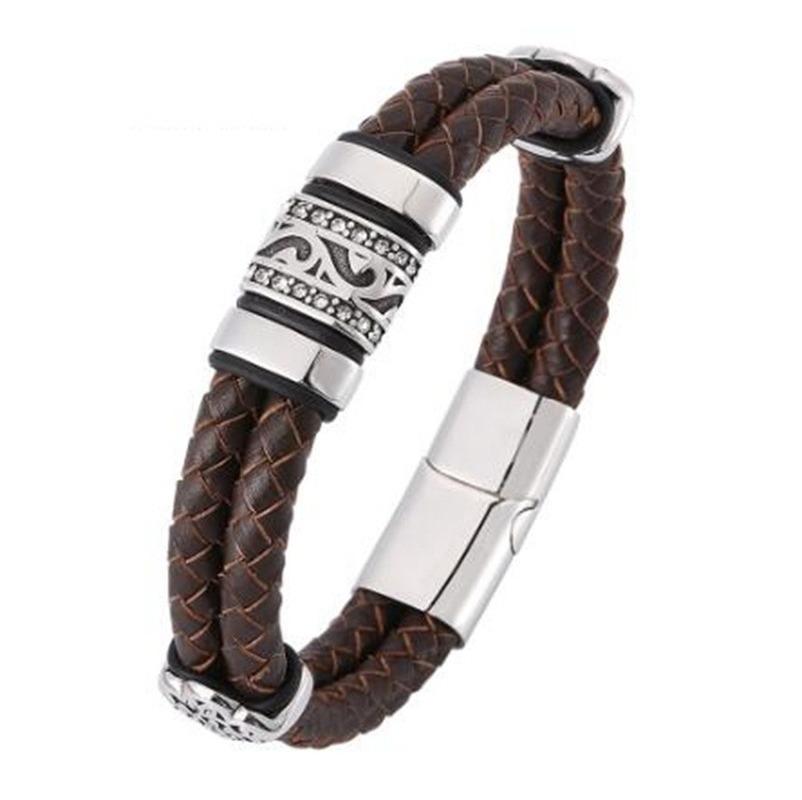 Double Layer Punk Brown Braided Leather Bracelet for Men with Metal Magnetic Clasp Stylish Business Bracelet Jewelry Gift