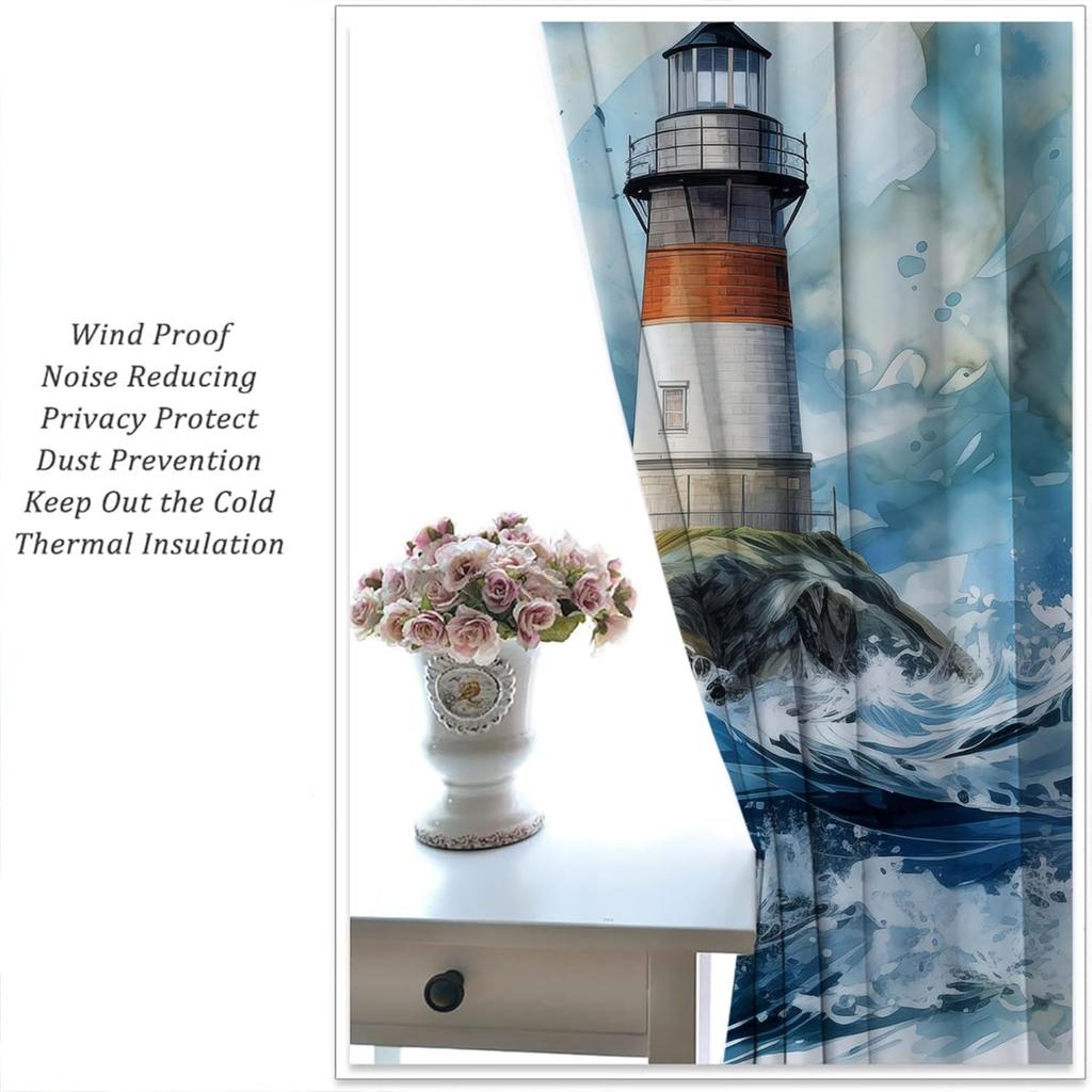 Nautical Lighthouse Rod Pocket Blackout Curta For Boy Girl Bedroom, Waves Seagull Blue Watercolor Art Thermal Insulated Home