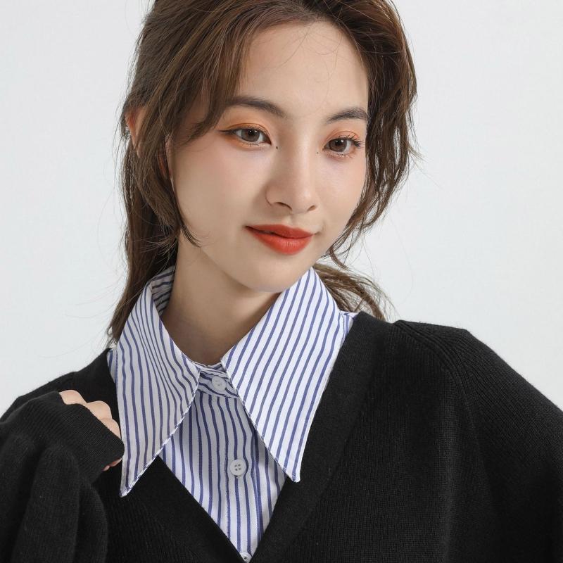 Women Blue Striped Half Shirts Autumn Detachable Dickey Lapel False Collar Multifunctional Layering Crop Top for Sweater