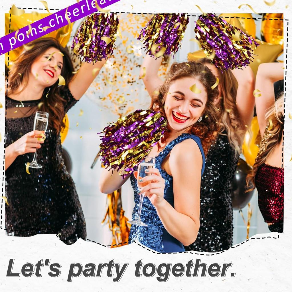 24Pcs Blue Purple Gold Cheerleading Pom Poms With Metallic Foil Plastic Baton Handle For Game Sports Squads Dancing Football