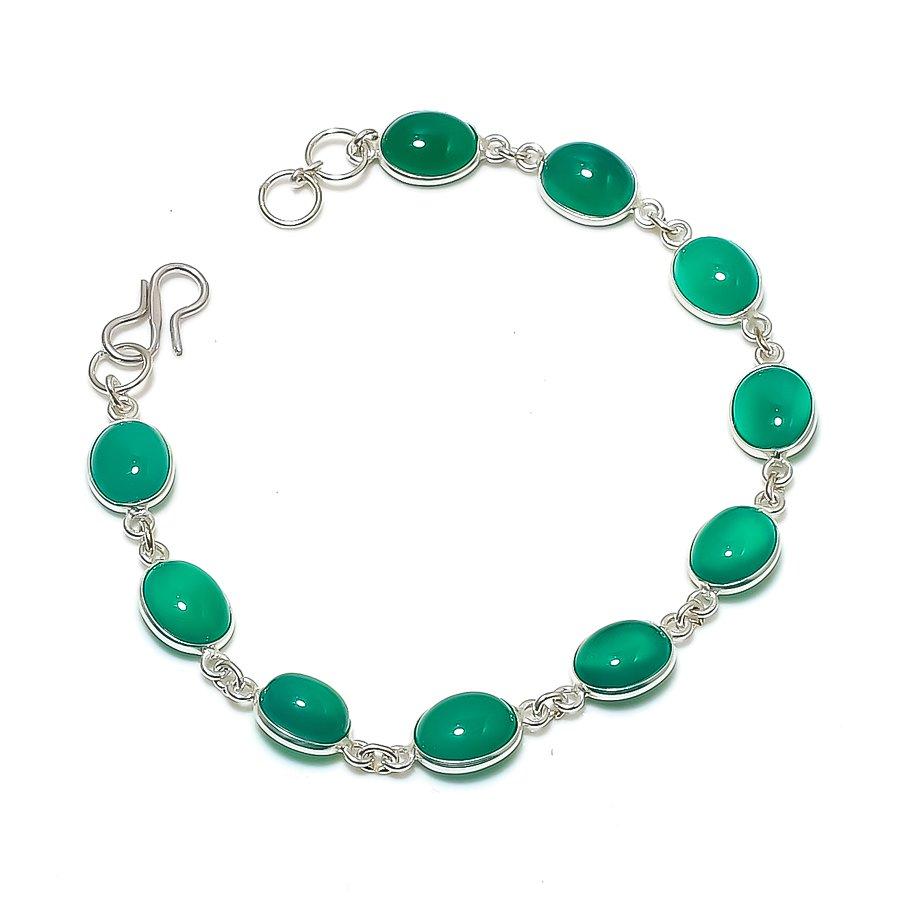 Natural Green Onyx Gemstone Handmade 925 Sterling Silver Bracelet 7-8" ASB-3056