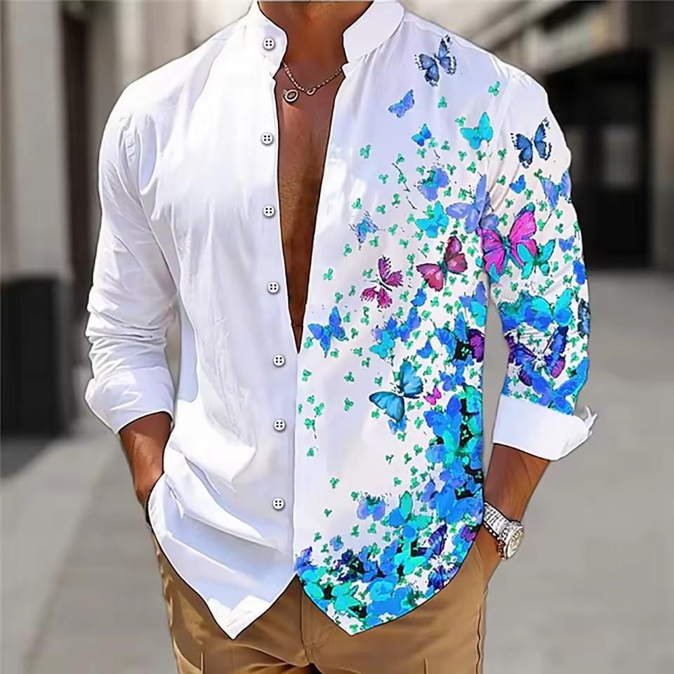 Herren Langarmhemd Polyester Umlegekragen Schmetterling Blumenprint