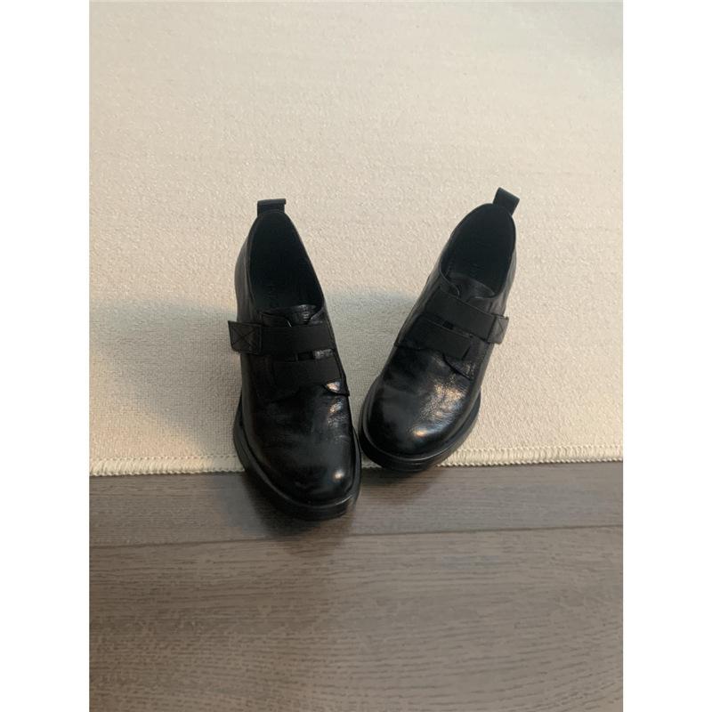 Kleine 8 cm hohe Klett-Pumps mit hohen Absätzen, Einslipper, Damen-Pendler, runde Spitze, dickabsatzige kleine Lederschuhe