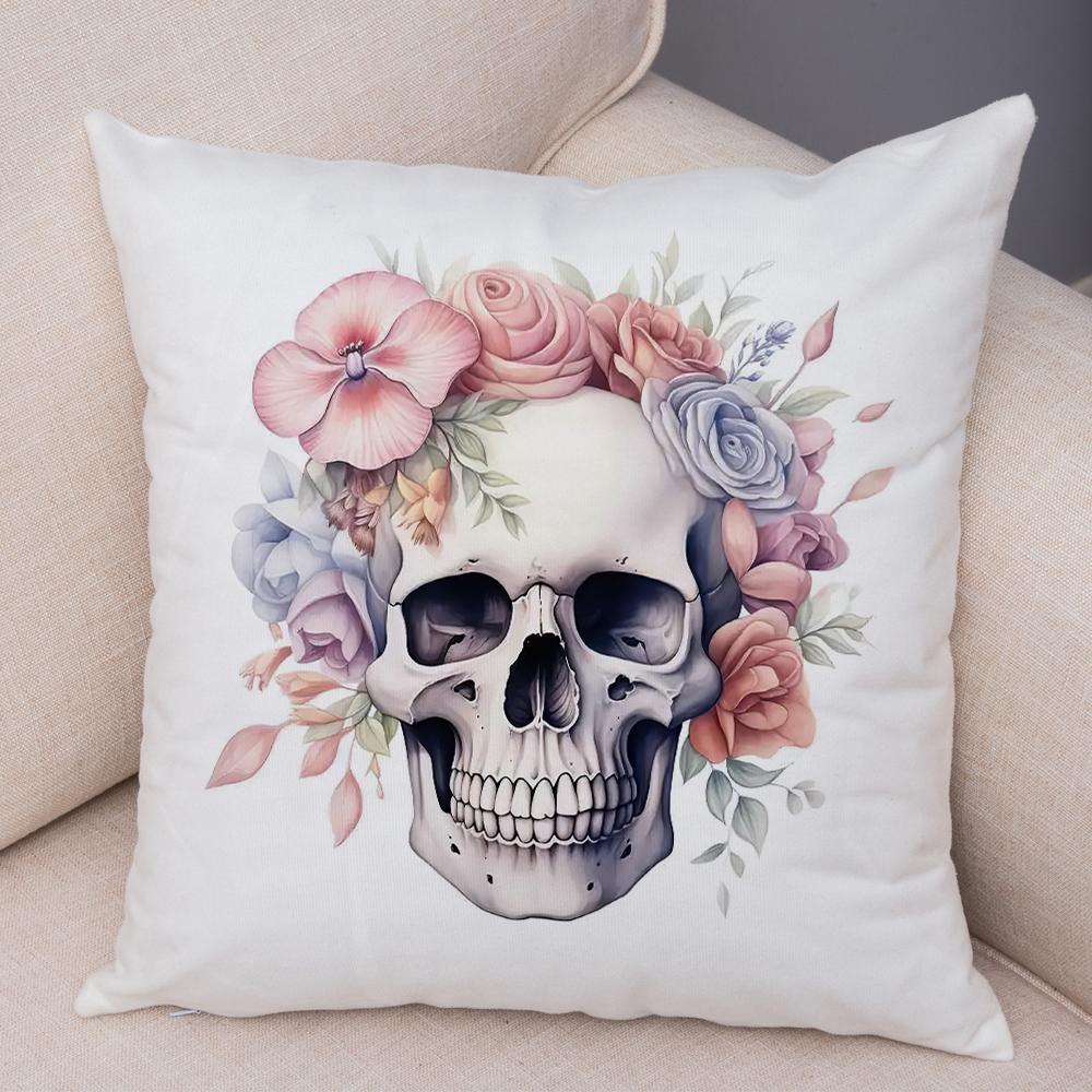 Coral Petal Skull Cushion Cover Double Print Orchid Watercolor Pillowcase Soft Plush Lavender Floral Skull Cushion Cover