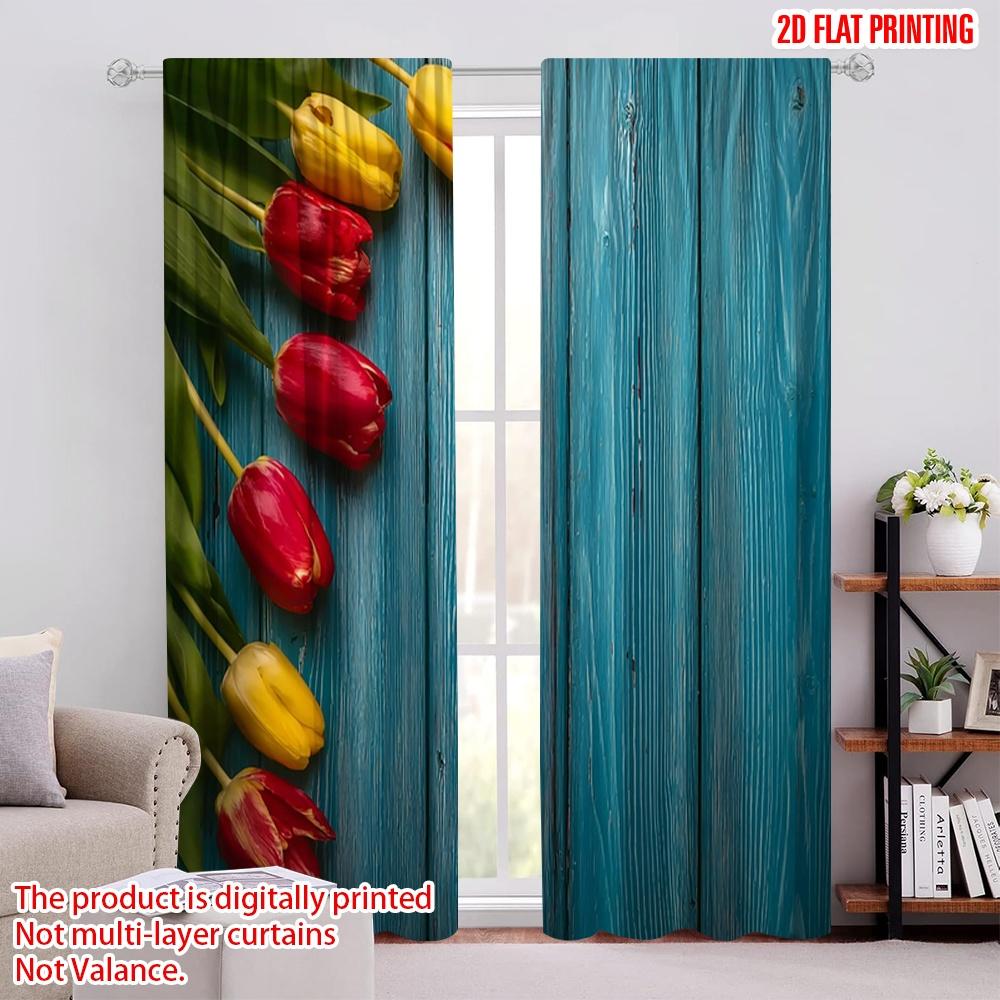 

Занавеска для вечеринки с плоской печатью Красные Желтые Тюльпаны Деревянные Цифровая печать Полиэстеровые Шторы Праздничные Украшения Набор из 2 штук Моющиеся W100*H70(CM)-Grommet top&2PCS