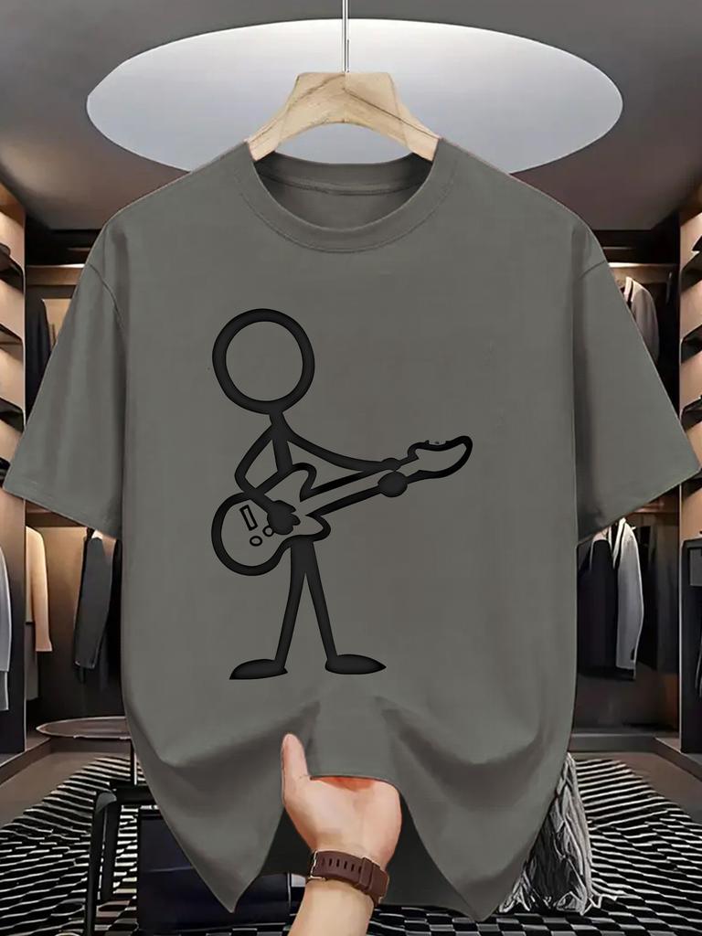 Stick Figure Print Unisex Short Sleeve Tshirt Minimalist Guitar Player Line Art O Neck Tee Rock Music Style Male Street Fashion Top