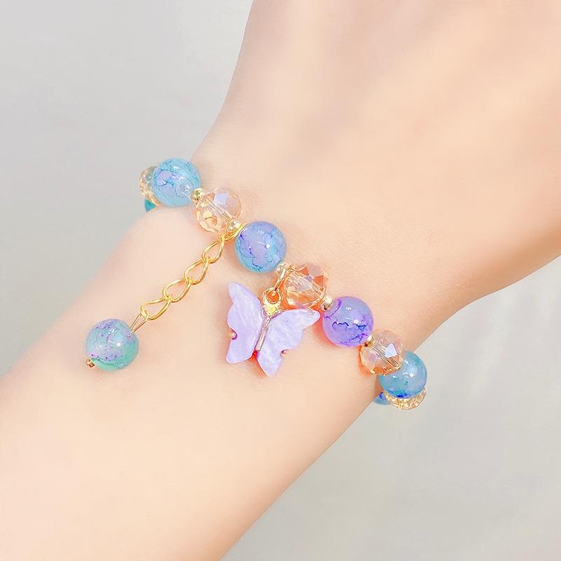 Cute Kids Glass Beaded Bracelet Princess Cartoon Crystal Flower Charm Bangle Handmade Jewelry Gift For Girls Students