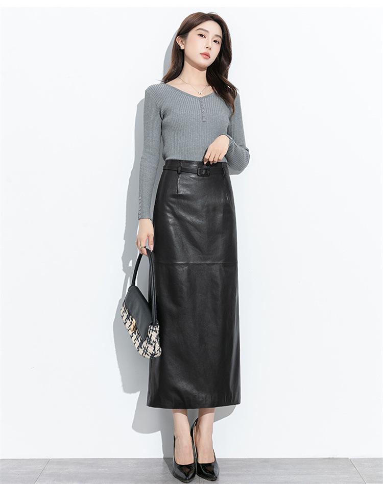 2025 Autumn/Winter Women's High-Waisted Lambskin Leather Midi Skirt - Elegant and Versatile Design