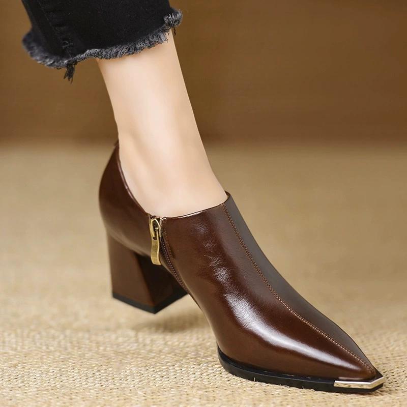 French Temperament All-match Comfortable Side Zipper British Style Retro Leather Shoes Pointed Deep-mouthed Thick-heeled Shoes
