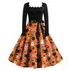 Women Vintage Long Sleeve Square Neck Dress Halloween Party Printed Full Skirt Retro Style Midi Dress with Waist Tie