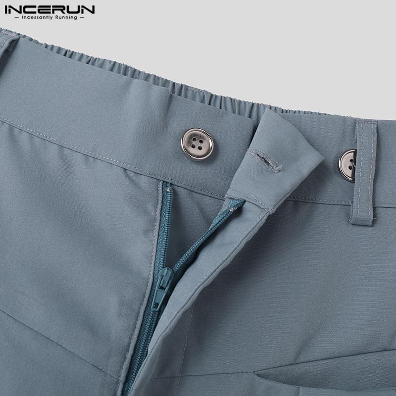 INCERUN Pantalon long décontracté à fermeture éclair et boutons pour hommes, pantalon à jambe large