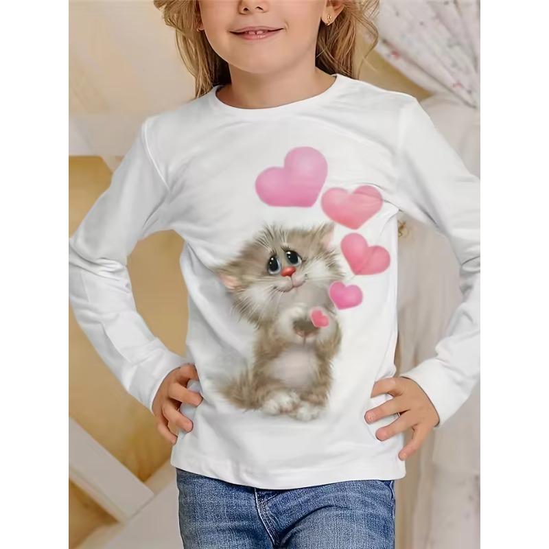 Abbigliamento Bambini Magliette Manica Lunga Bambina Maglietta Bambino Cartone Animato Girocollo Stampa Gatto Casual Abiti Estivi Bambina Top Maglietta