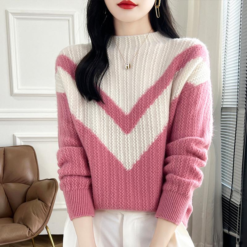 Colorblock Cashmere Turtleneck Sweater - Women's Slimming Autumn/Winter Knitted Pullover