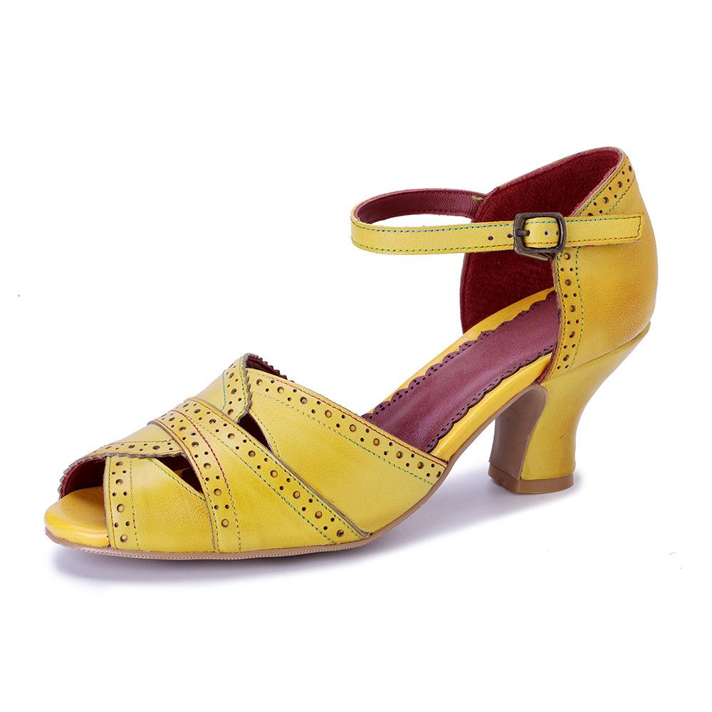 

Johnature Handmade Genuine Leather Retro Lace Hollow-out Buckle Strap Women s High Heel Sandals 39 жёлтый