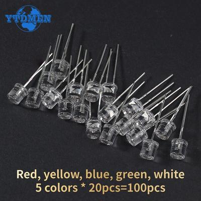 100 ADET Şeffaf LED lamba 5 MM LED Diyot kiti Kırmızı Sarı Mavi Yeşil Beyaz F5 Düz LED aydınlatma DIY elektronik kiti 5 renk