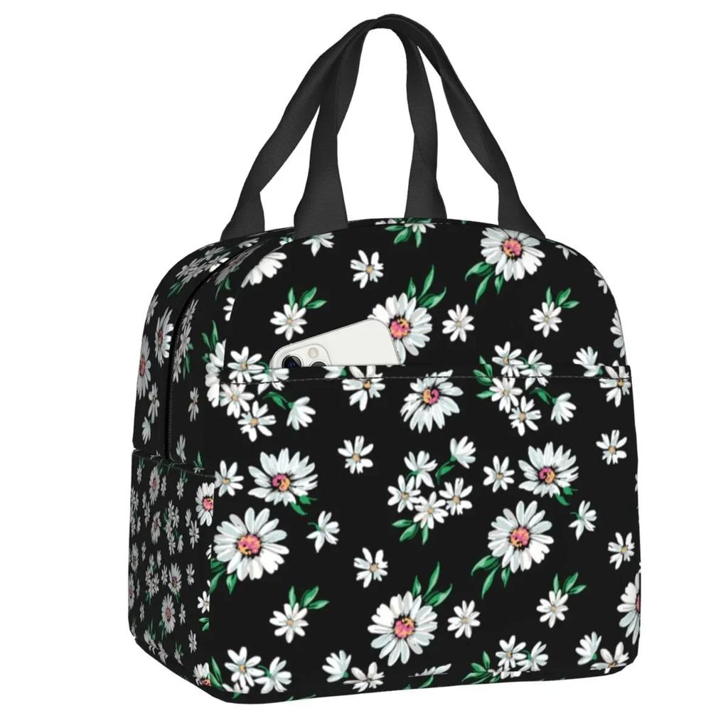 Floral Daisy Print Insulated Lunch Bag for Women Chamomile Flowers Cooler Thermal Lunch Tote Box Portable Picnic Food Bento Bags