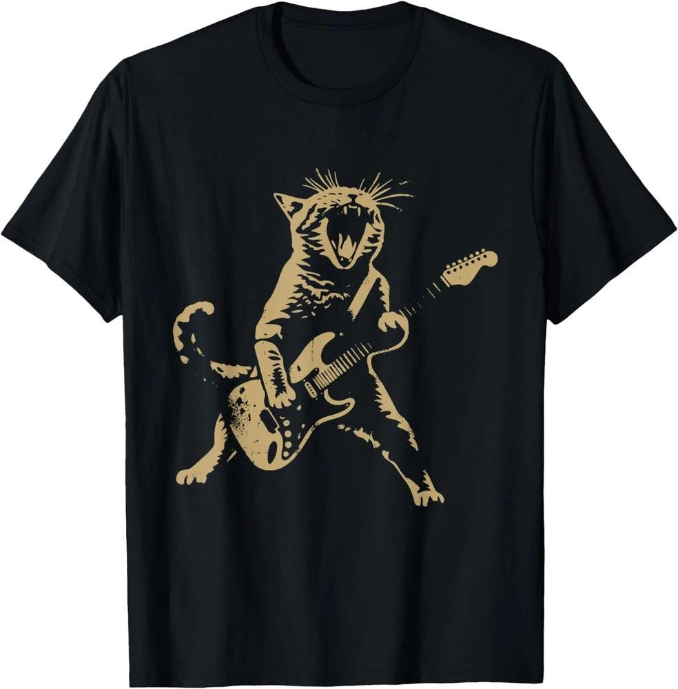 Cat Playing Guitar Rock Star Rock and Roll T-Shirt , Unisex Tee HS197 Unisex T-Shirt L