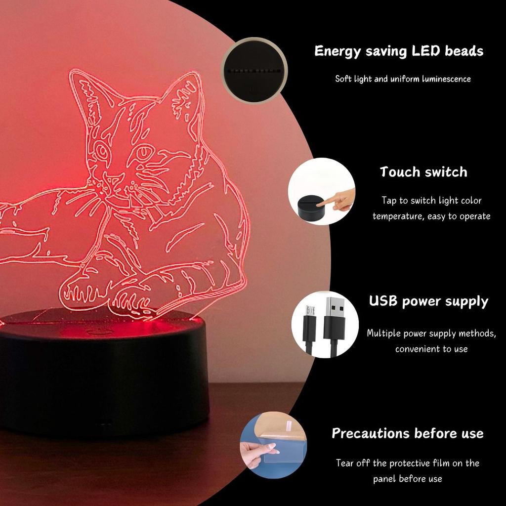 3D Cute Cat Night Light, 7-color RGB Ambient Light, USB Power Supply, Bedroom Desktop Party Decoration Light, Gift Light.