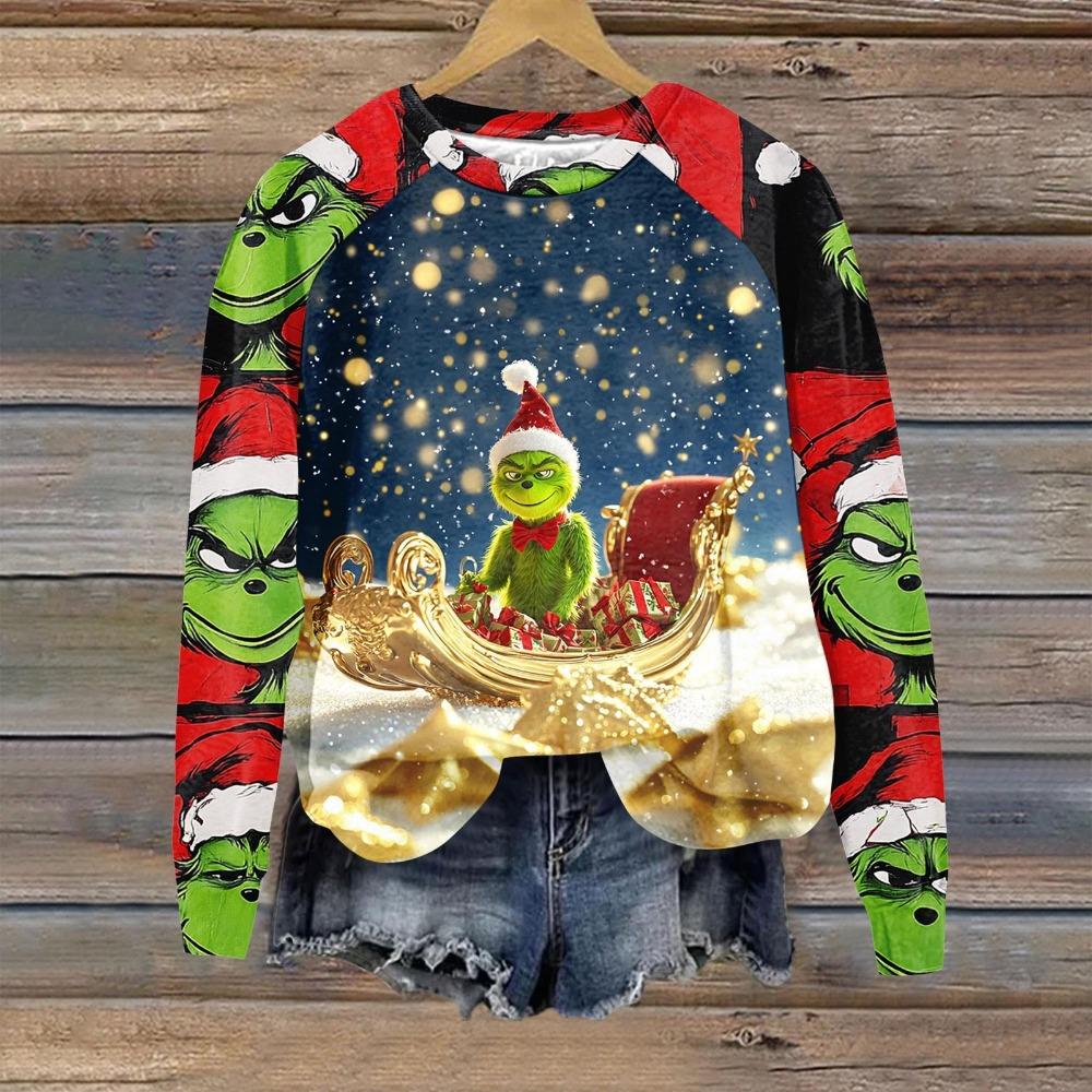 Christmas Fashion Men and Women's Pullover Green Monster Print O-Neck T-shirt Top Casual Outdoor Sweatshirt Kids T-shirt Top Clothing