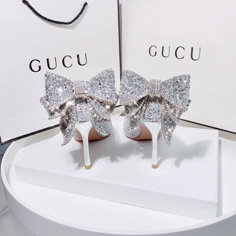 Silver High Heels Women's Stilettos 2025 New Summer Sequins Diamond Crystal Main Dress Wedding Shoes Xiuhe Two Wear Bride Wedding