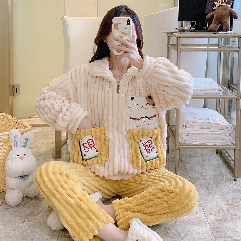 Cozy Coral Fleece Flannel Striped Loungewear for Plus Sizes (up To 220 Lbs) - Cute and Warm for Autumn and Winter