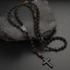 Collana Lunga in Pietra Lavica Naturale e Occhio di Tigre con Ciondolo a Forma di Croce in Ematite per Uomo Gioielli Rosario