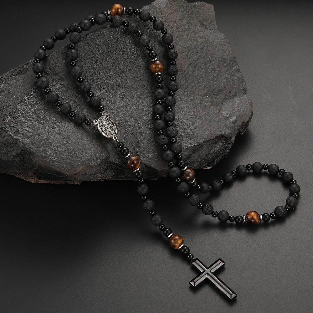 Collana Lunga in Pietra Lavica Naturale e Occhio di Tigre con Ciondolo a Forma di Croce in Ematite per Uomo Gioielli Rosario