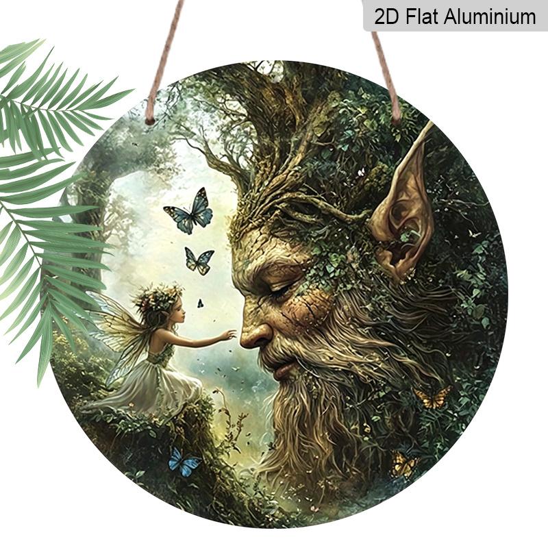 

2D Flat, 1pc Vintage Metal Aluminum Sign - Enchanted Fairy & Tree Spirit Fantasy Art Round Wall Decor, Vibrant Colors Indoor/Outdoor Use for Cafe 7.87×7.87inch