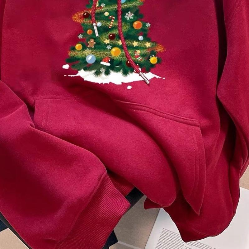 Christmas Tree Printed Women's Hoodie Hooded Long Sleeved Crew Neck Couple Hoodie Casual Pocket Loose Pullover Woman Top