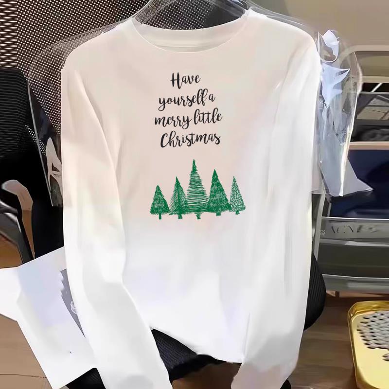 (Asian Size) Tree Watercolor Cute Graphic Tee Women Print T Shirt Christmas New Year Autumn Winter Casual Fashion Top Clothing Long Sleeve T-shirts