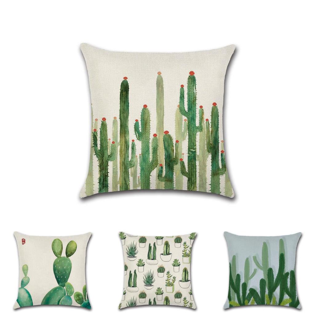 Premium Quality Cotton Linen Square Pillow Cover Featuring Tropical Cactus Design