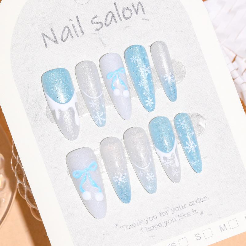 Winter Romance Snowflake Bow Almond Cat Eye Nail Stickers - 30 Pieces