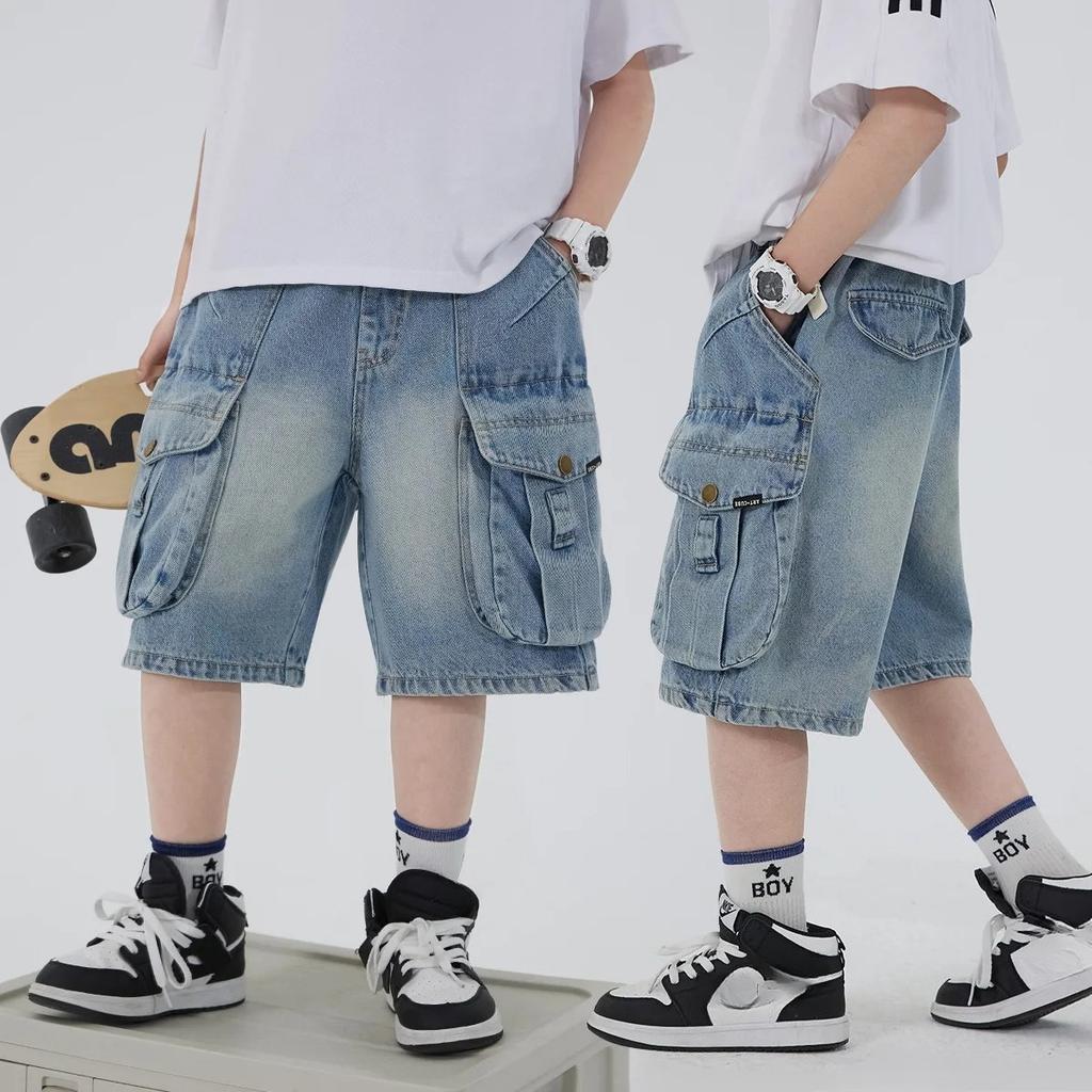 Boys' Workwear Denim Shorts Summer Teenage Children's Pocket Design Outdoor Wear Loose Jeans Big Kids Mid-Pants