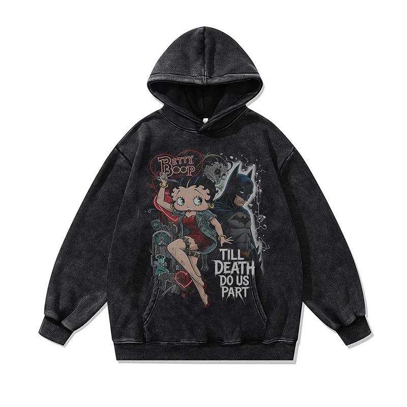 American Retro Cartoon Direct Injection Printing Hoodie Men And Women Autumn And Winter Oversize Washed Hooded Sweater
