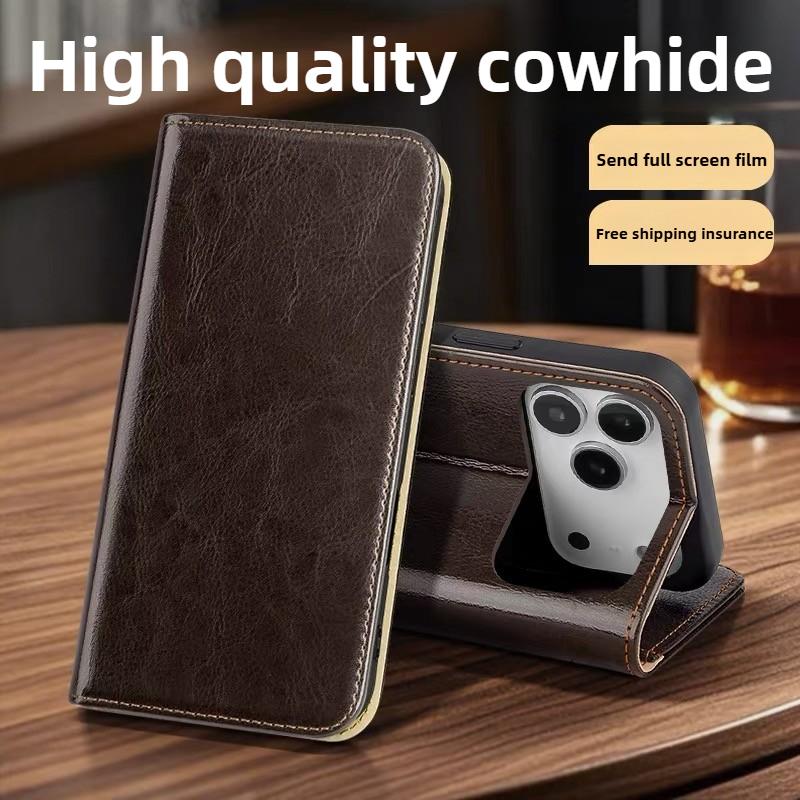Genuine Leather Flip Case for IPhone 17 Pro Case with Card Slot Full Protection Folding Stand Case for IPhone Air IPhone17ProMax