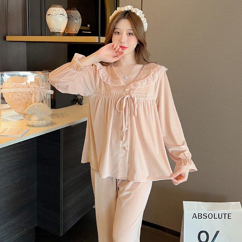 Women's autumn long-sleeved trousers golden velvet pajamas two-piece set lapel cardigan winter loungewear live broadcast