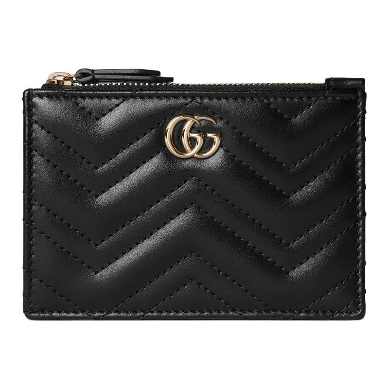 Gucci GG Marmont Logo Double G Metal Quilted Herringbone Leather Key Case Regular Women's Black