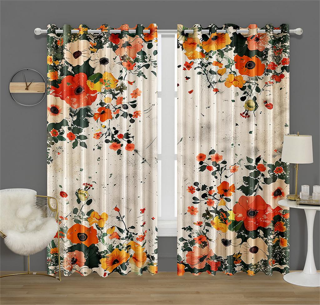 Colorful Rich Flowers Pattern Curtains Green and Peach Flowers Kitchen Decor Curtains Bedroom Living Room Window Decor 2 Panels