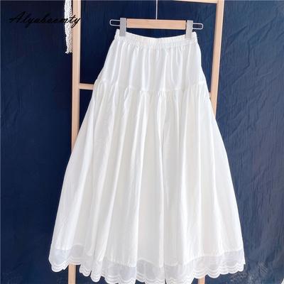 Japanische Mori Girl Frühling Sommer Frauen Midi A-Linie Rock Hohe Taille Weiß Baumwolle Chic Rock Spitze Patchwork Feminine Röcke Frauen